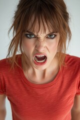 An angry woman stares directly at the camera with an intense expression. Her furrowed brows and tense posture convey frustration, determination, or defiance.