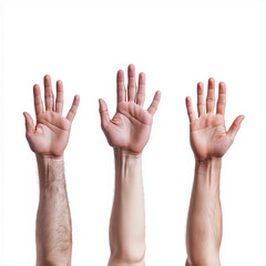 Hände in unterschiedlichen Hauttönen heben sich vor weißem Hintergrund

