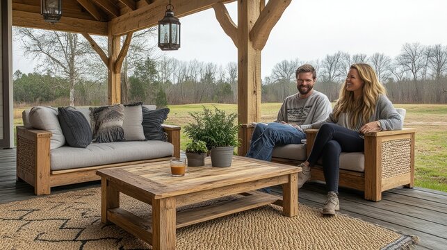 Couple Relaxing on Wooden Patio Furniture