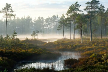 Naklejka premium Trees and Fog Cover the Surface of a Wetland Forest
