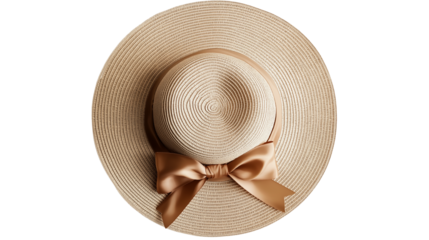 Wide-brim straw hat with a decorative ribbon, beach fashion essential, isolated on white background, PNG format, top view