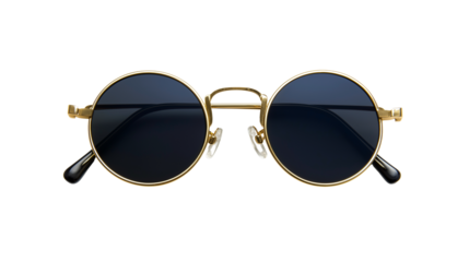 Trendy sunglasses with gold frame and dark lenses, stylish summer accessory, isolated on white background, PNG format, top view