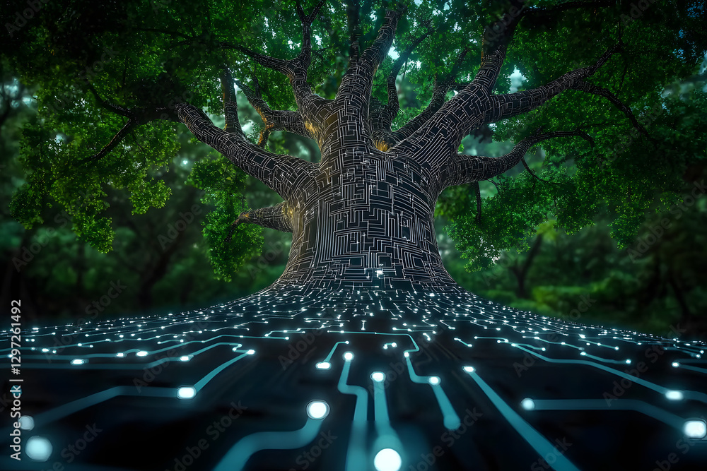 Aufkleber artificial intelligence tree with circuit board connections, symbolizing technology and innovation i