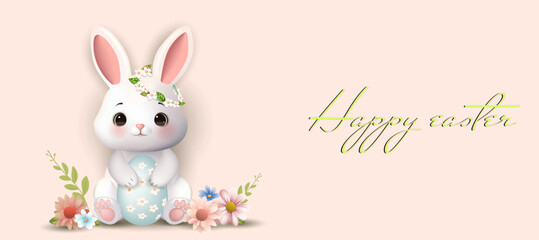 Adorable rabbit among flowers. Greeting card, banner