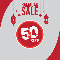 Ramadan Sale Banner – 50% Off Discount, Eid Shopping Promotion, Islamic Festive Offer, Retail Marketing Template, Minimalist Design, Red Theme, Editable Vector, Stock Image for E-commerce