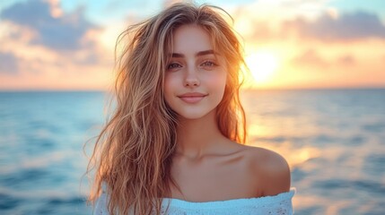 Naklejka premium Woman Smiles at Sunrise on Beach