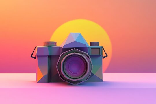 Colorful geometric camera design against vibrant sunset background with soft gradient hues