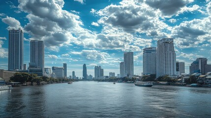 Fototapeta premium Bangkok River Skyline, Cloudy Day, Urban Scenery, Stock Photo