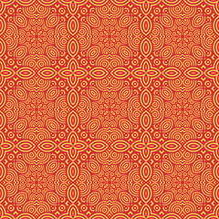 Vector Japanese seamless pattern in oriental geometric traditional style. Festive ornament for lunar chinese new year decoration. Red and golden asian creative motif. Abstract Waves and Circles.