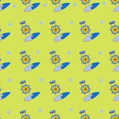 Seamless summer vibe pattern with steering wheel, surf and sailor hat on yellow background, dpi 5000x5000