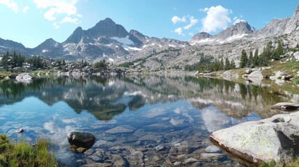 Mountain lake reflecting peaks and sky.