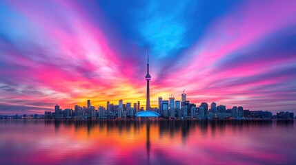 Naklejka premium Toronto skyline with the CN Tower reflected in the calm water of Lake Ontario under a dramatic pink and purple sunset sky.