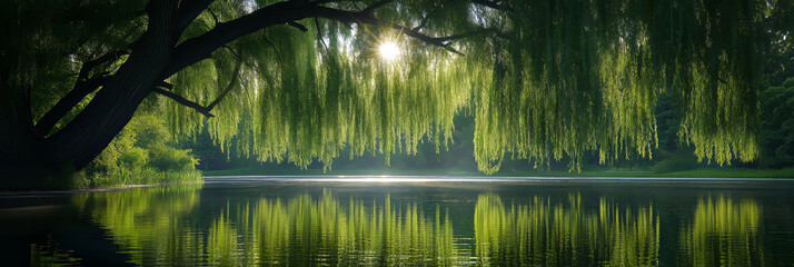 Reflections of a weeping willow under the warm glow of sunlight