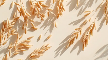 Dried oat sprigs scattered on beige background, sunlit.