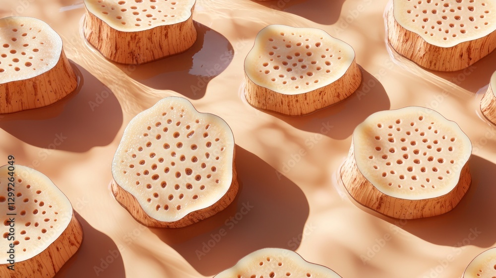 Poster Abstract close-up of porous, pale orange, textured discs in liquid.