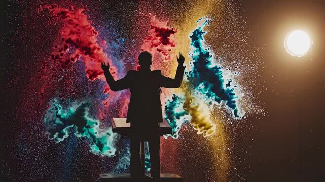 Silhouette of a conductor with colorful powder explosions in the background. Low-angle shot creates a dramatic video effect.
