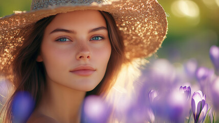 Fototapeta premium Captivating woman in straw hat surrounded by blooming flowers on a sunny day