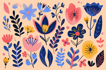 Colorful abstract floral illustration with modern botanical elements on pastel background.