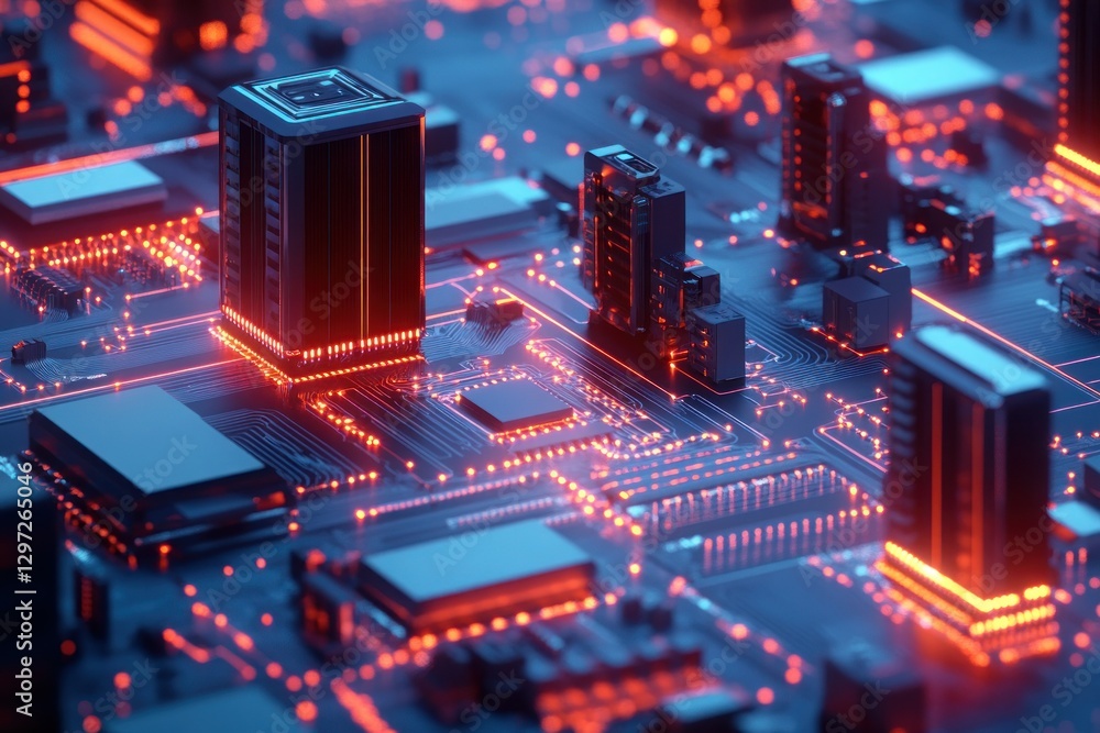 Poster futuristic cityscape with glowing circuit board elements and intricate technology patterns