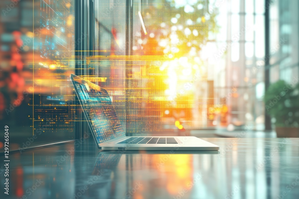 Poster modern laptop displaying data streams in a sunny office environment with glass windows