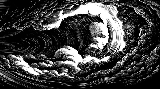 Dramatic swirling storm clouds in vintage engraving-style illustration