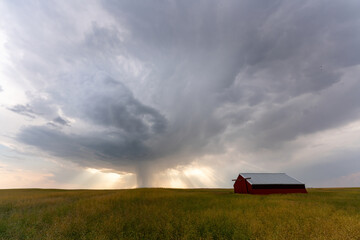 Dramatic rain shower passing over a red barn in the prairie