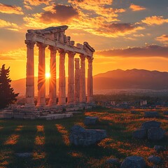 Fototapeta premium Sunset View of Greek Temple Ruins high resolution hd photo