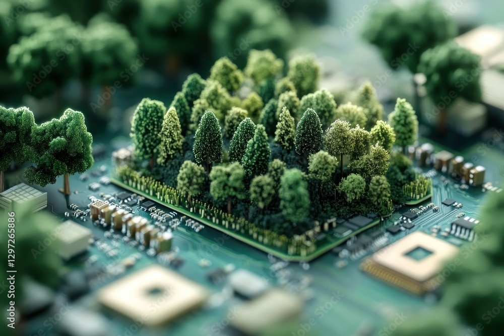 Poster lush greenery on microchip surface representing technology and nature integration