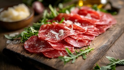 Obraz premium Delicious Sliced Salami with Parmesan and Arugula on Rustic Wooden Board 