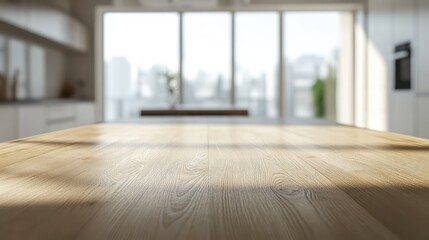 Obraz premium A sunlit wooden table in a bright and open kitchen