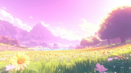 Fototapeta premium Vast Sunflower Field Under Pastel Evening Sky at Horizon