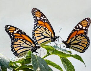 Fototapeta premium Trio of Monarch Butterflies: Beautifully Isolated on White Background