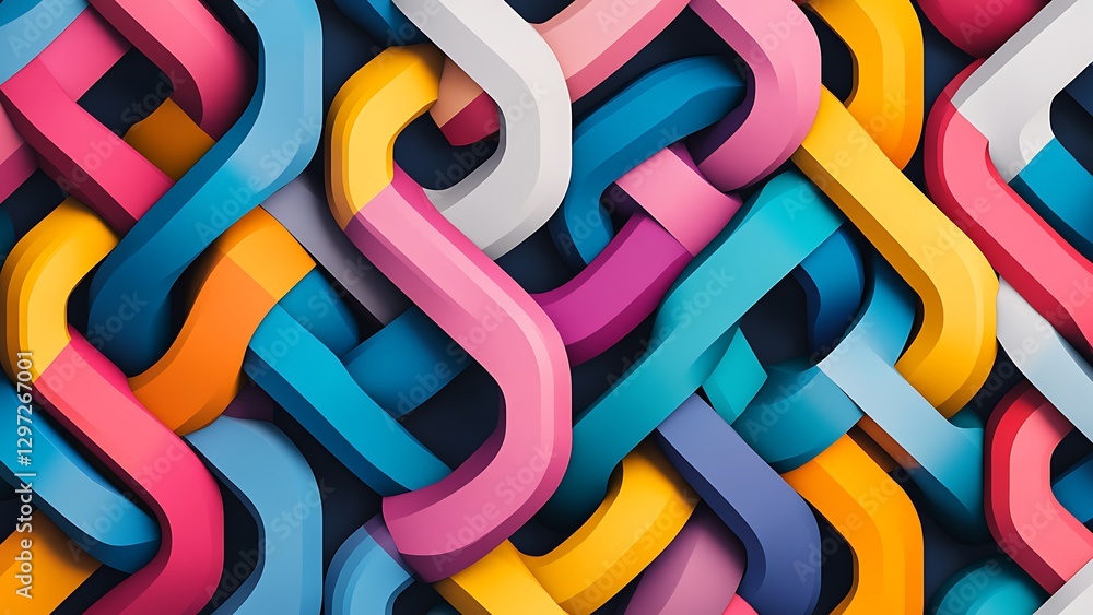 Poster colorful interwoven 3d chains creating an abstract geometric pattern with vibrant hues