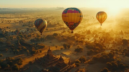 Obraz premium Hot air balloons soar over ancient temples at sunrise. (3)