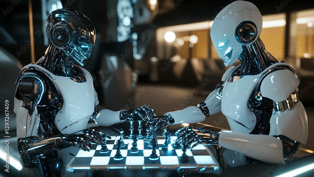 Poster two humanoid robots playing chess in a futuristic setting, showcasing artificial intelligence and st