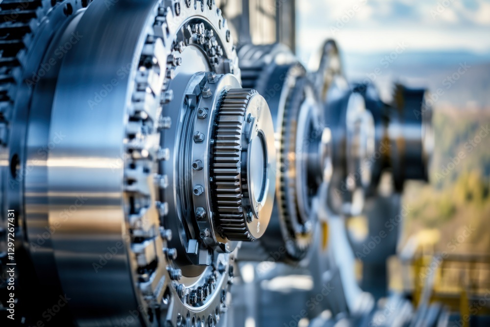 Poster close-up of precision engine components with shiny metallic surface and industrial background