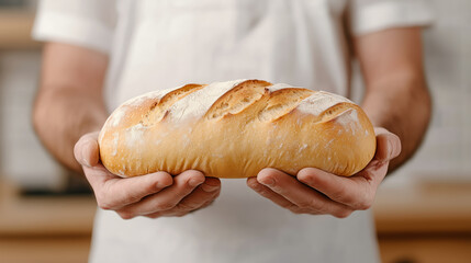 A baker holding a freshly baked loaf of crusty artisan bread, dusted with flour, in a cozy kitchen setting.