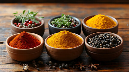 Aromatic Spices Arranged on Rustic Wooden Table