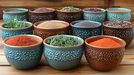 Fototapeta premium Assorted spices in ornate bowls on wooden table