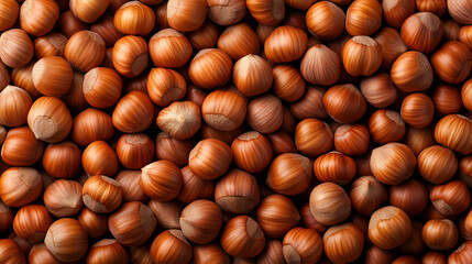 A close-up view of fresh hazelnuts in their shells, arranged neatly, showcasing their rich brown textures and patterns.