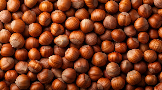 A close-up view of fresh hazelnuts in their shells, arranged neatly, showcasing their rich brown textures and patterns.