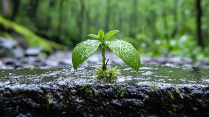 Tiny sprout emerging from wet rocks in forest