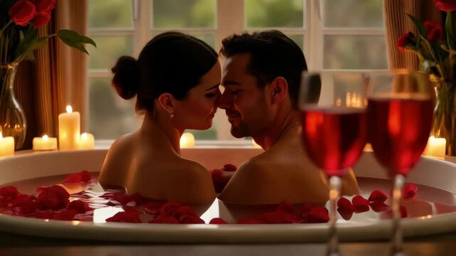 Two wine glasses sit in front of a blurred couple enjoying a romantic bath with candles and rose petals. Concept of: Romantic indulgence.