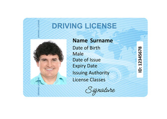 Driver's license with photo of man and world map illustration isolated on white