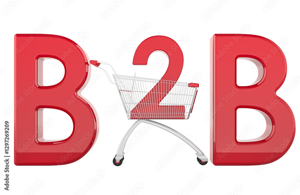 Poster b2b concept with shopping cart. 3d rendering isolated on transparent background