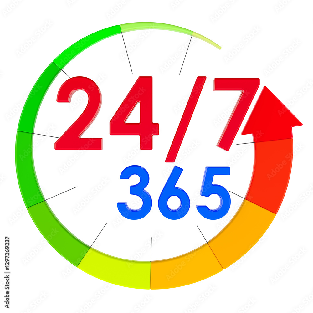 Poster 24-7-365 icon. at any time, all year round concept. 3d rendering isolated on transparent background