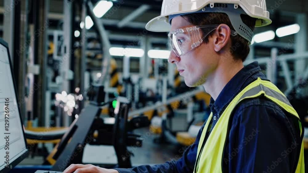 Poster side angle video of a factory worker in safety gear, focused on a screen. industrial setting with sp