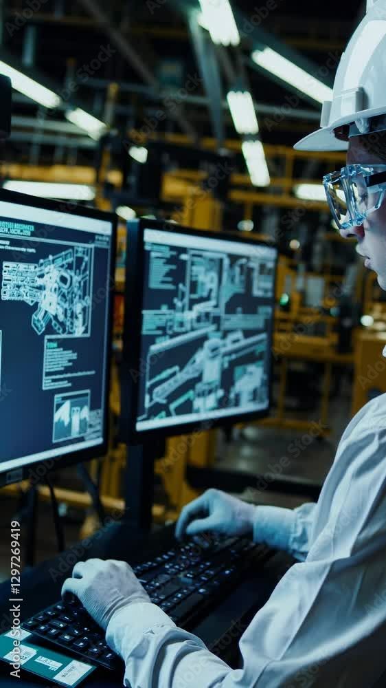 Poster side angle of an engineer in a hard hat and goggles analyzing 3d models on dual monitors in a factor