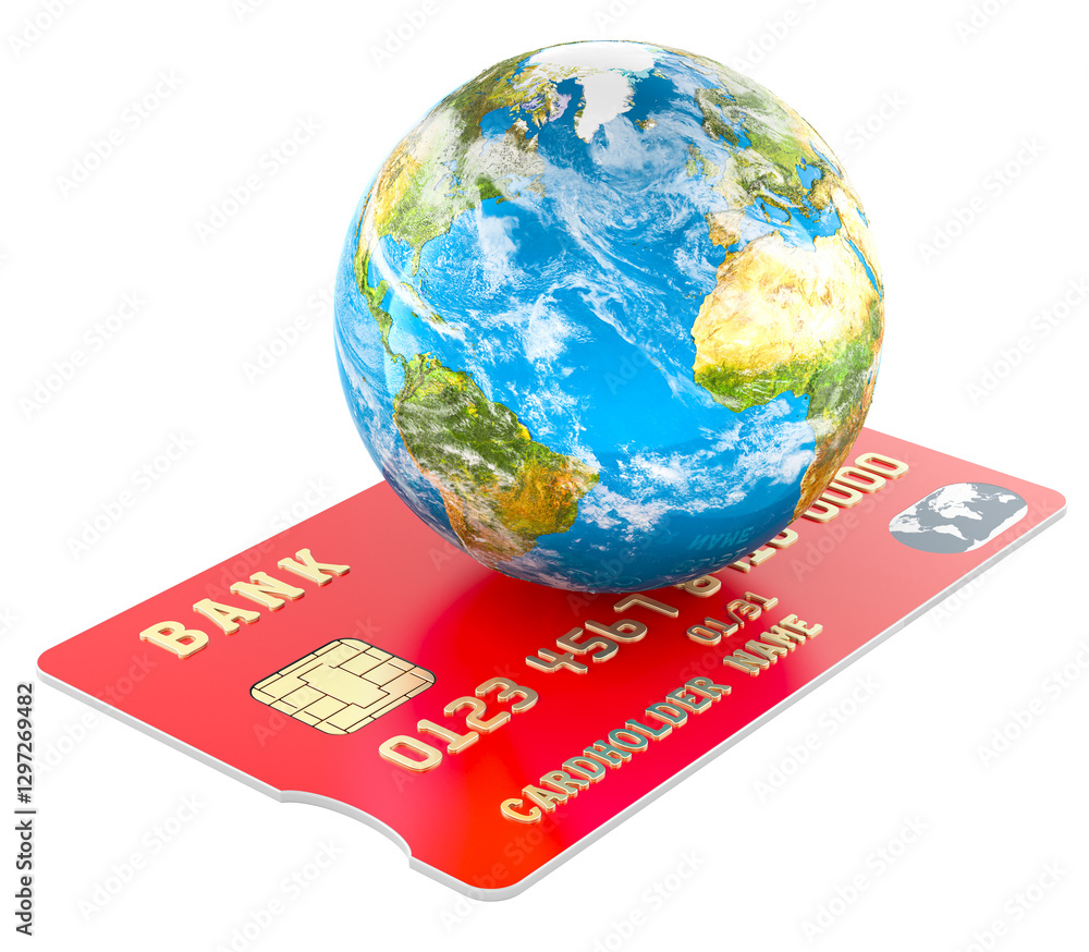 Poster credit card with earth globe, 3d rendering isolated on transparent background