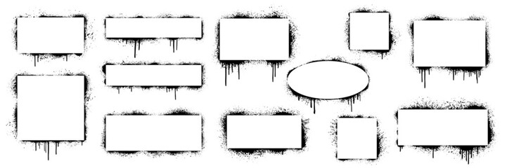 Grunge graffiti boarder silhouettes with wet splatters, paint drips, ink spray texture. Geometric frames with urban street art elements, blank border callouts text box. Vector illustration of grafitti © svetolk